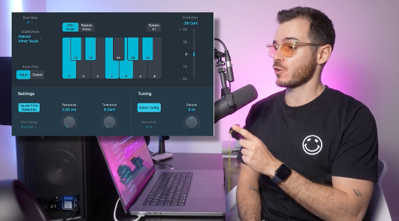 Noize finishing a music production pitch correction tutorial for boombox.io, showcasing Logic Pro's free tools 